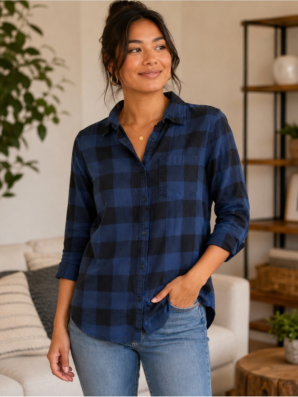 H&M LOGG Women’s Size 6 Blue Black Buffalo Plaid Cotton Button Down Shirt